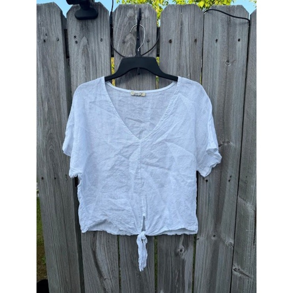 Made in Italy White 100% Linen Tie Front V-Neck Short Sleeve Crop Top - Picture 2 of 4